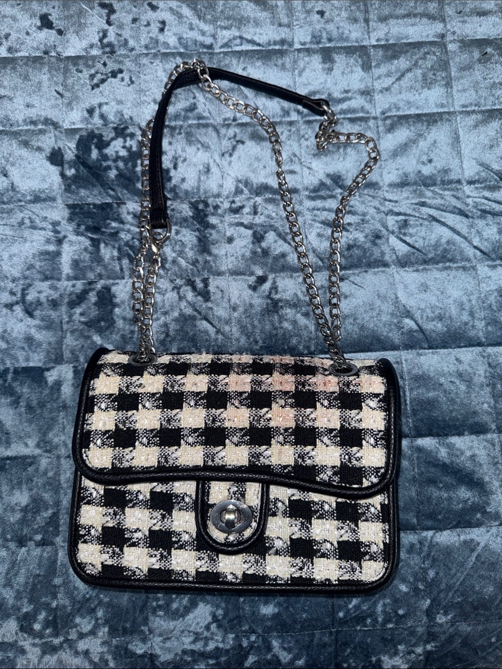 Source Unknown Black & Cream Check Tweed Chain Crossbody Bag